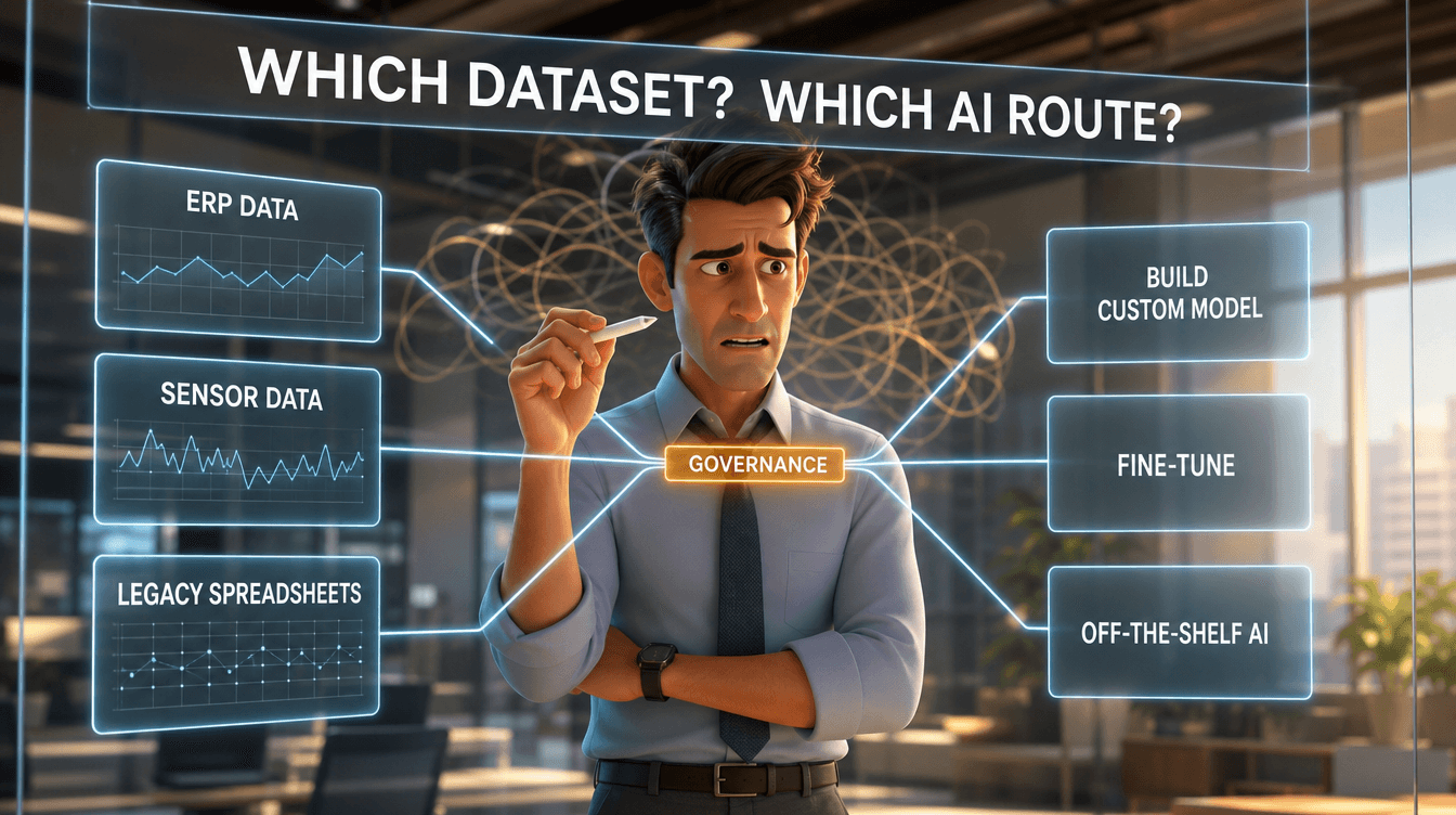 Choosing a dataset and AI approach, with governance connecting ERP data, sensor data, and legacy spreadsheets to custom models, fine-tuning, and off-the-shelf AI.